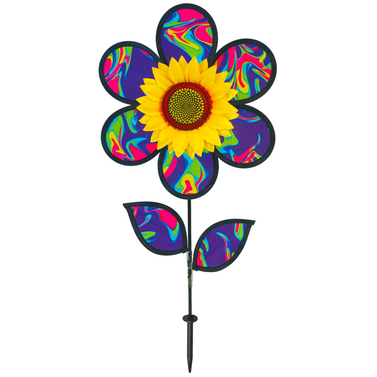 In the Breeze 2645 — 12-Inch Blue Psychedlic Sunflower Spinner with Leaves